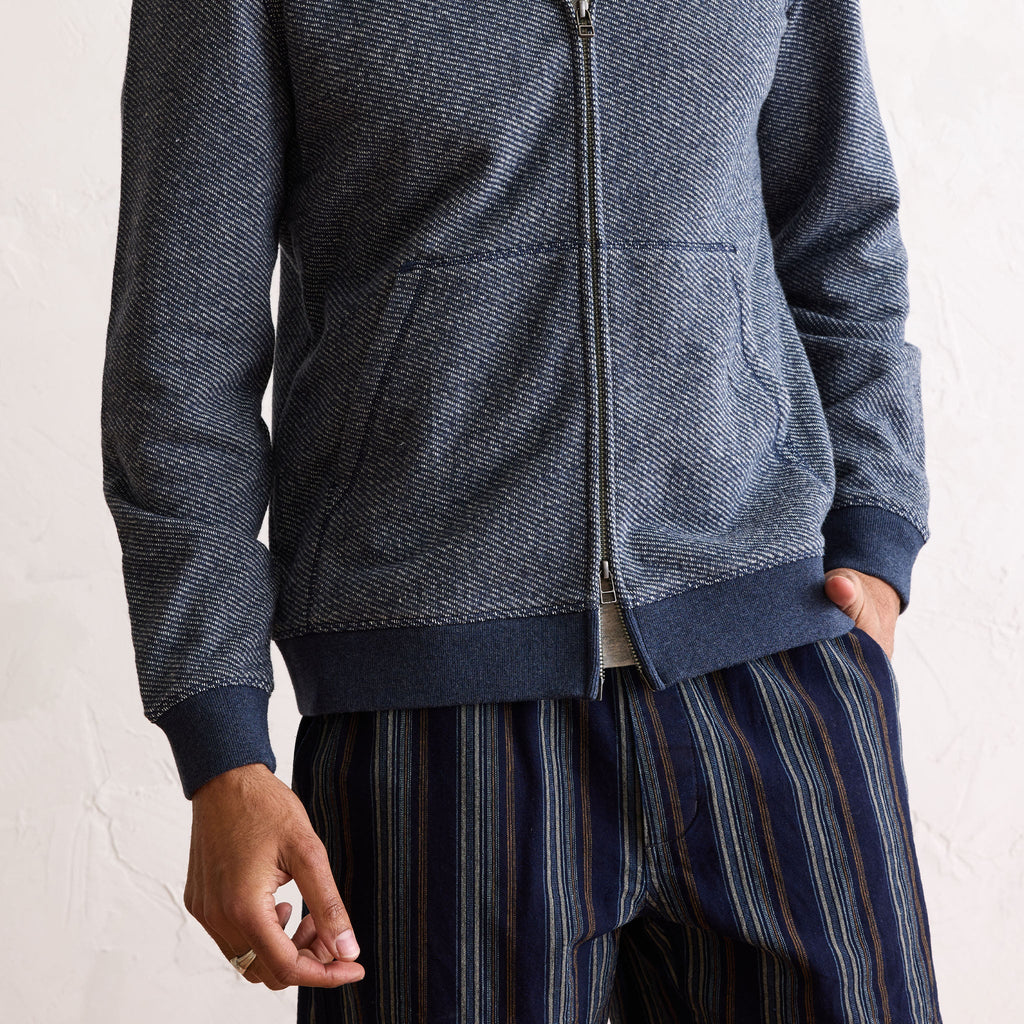 The Apres Zip Hoodie in Heather Navy Terry