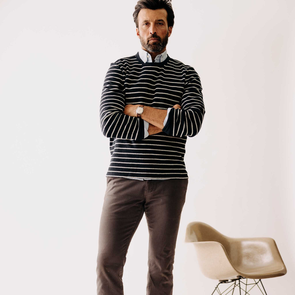 The Adams Crew in Dark Navy Stripe Reverse Terry