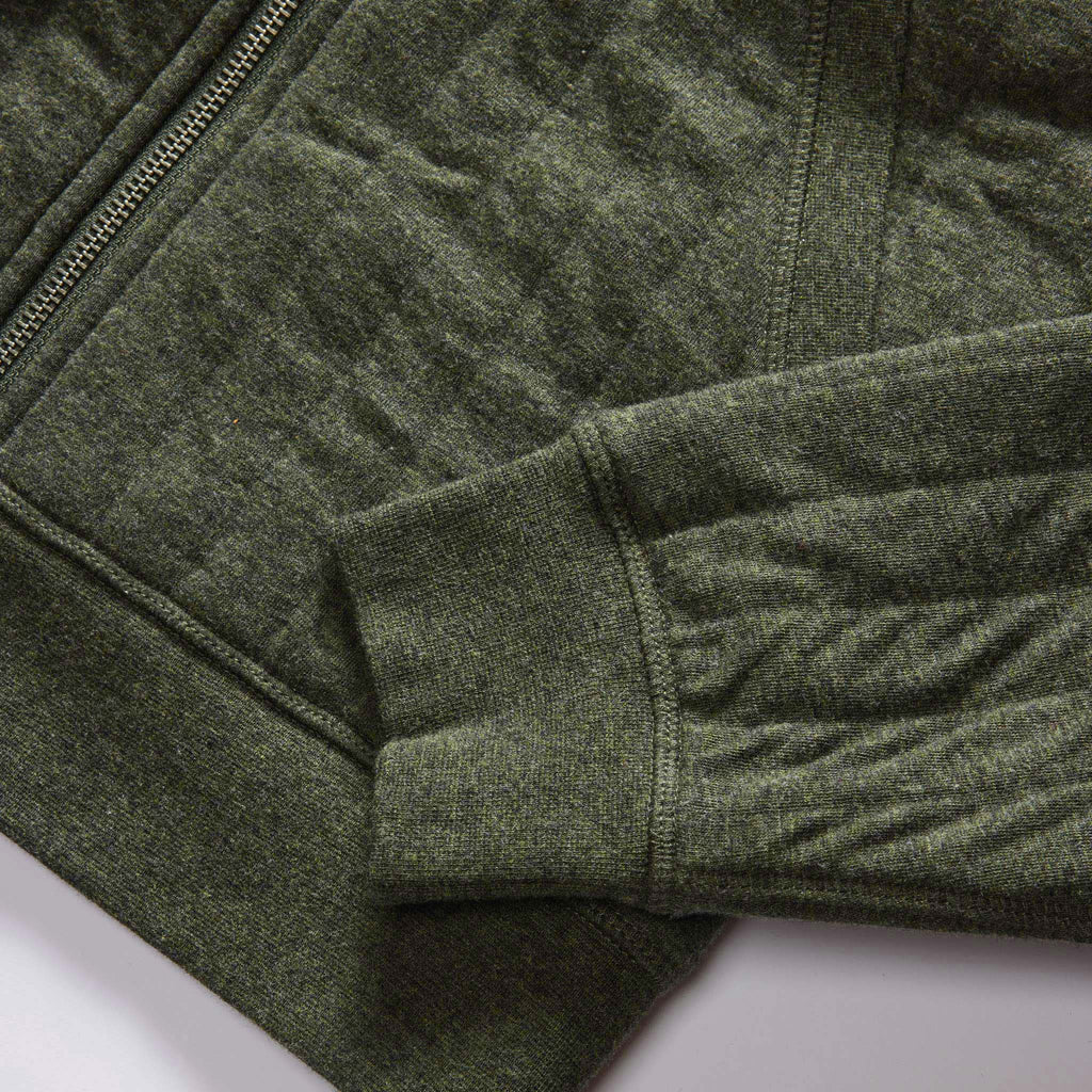 The Apres Zip Hoodie in Fatigue Olive Quilted Jersey