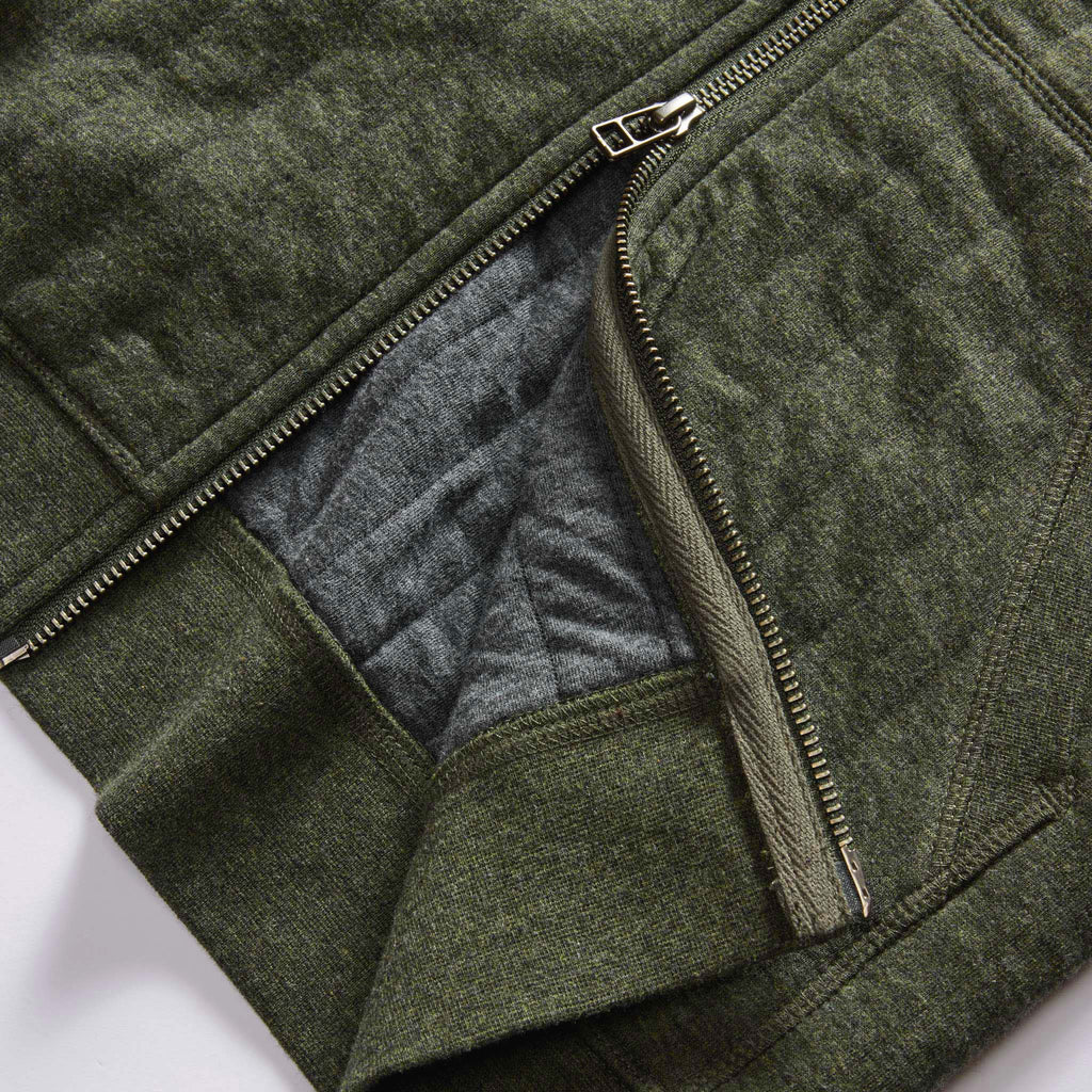 The Apres Zip Hoodie in Fatigue Olive Quilted Jersey