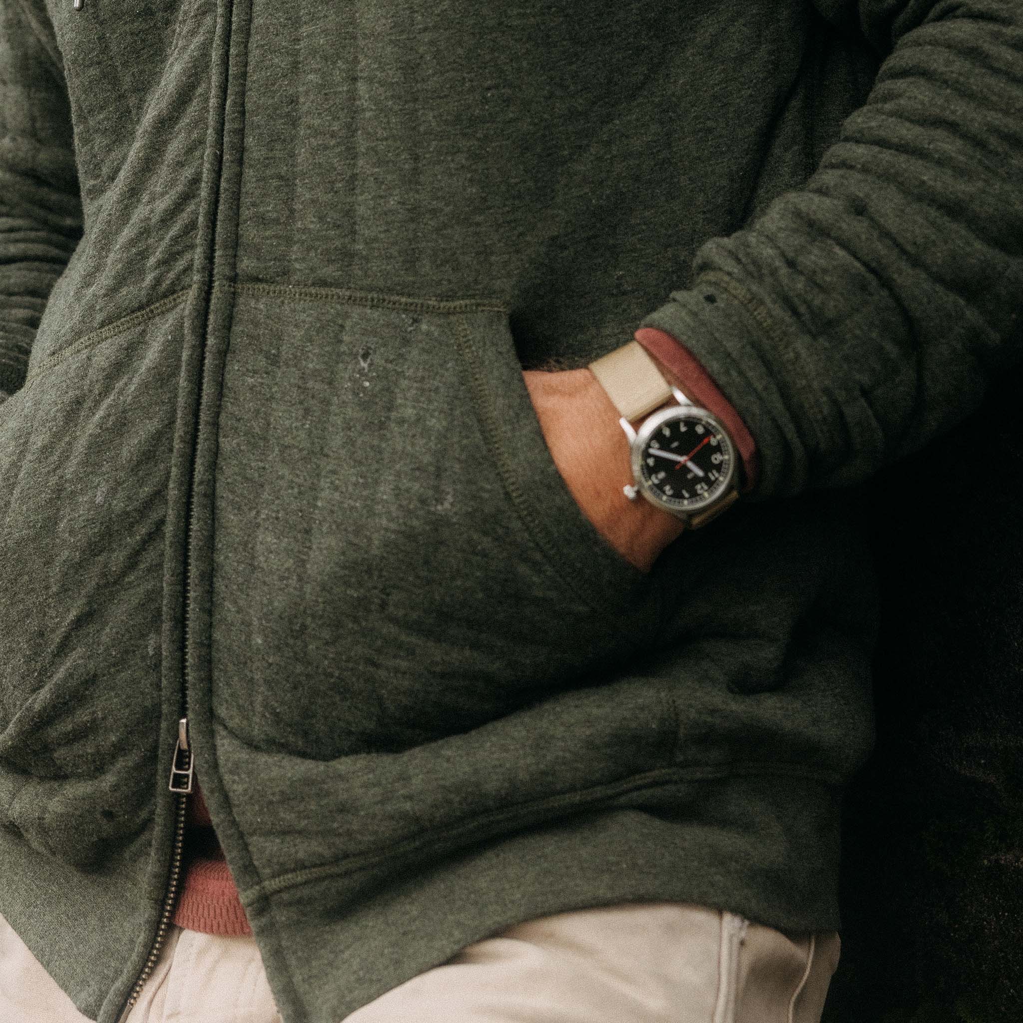 The Apres Zip Hoodie in Fatigue Olive Quilted Jersey