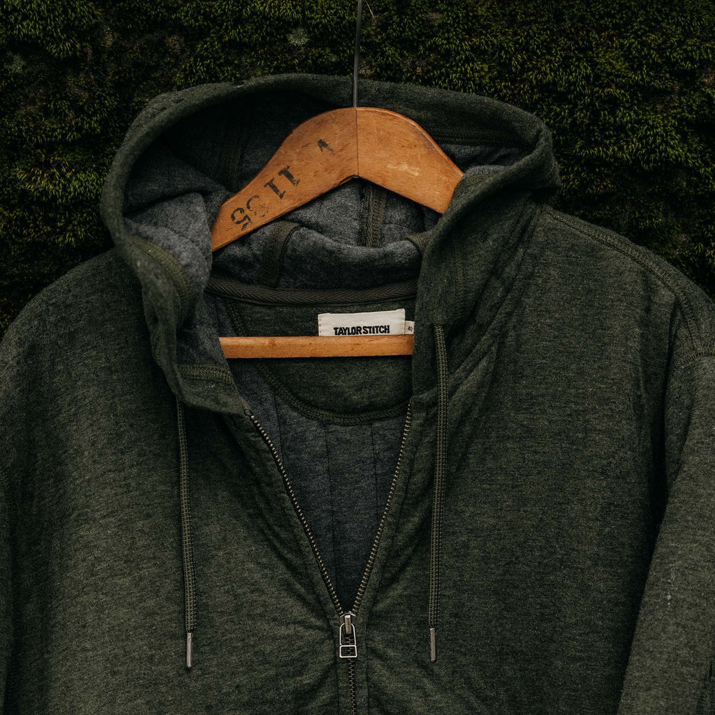 The Apres Zip Hoodie in Fatigue Olive Quilted Jersey